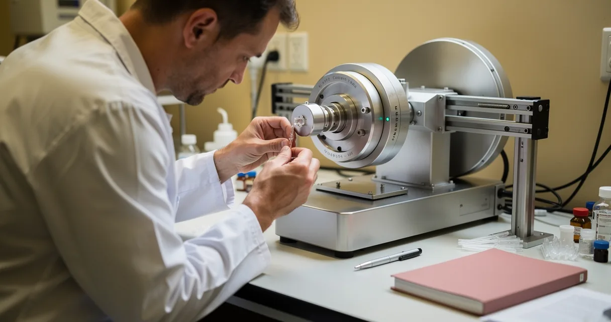 A technician aligning a tiny crystal beside a laboratory diffractometer
