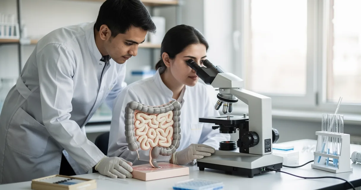 Two adults examining a microscope slide beside an intestinal fold teaching model