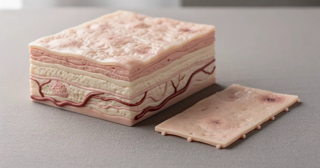 A layered skin teaching model showing the surface and deeper connective tissue